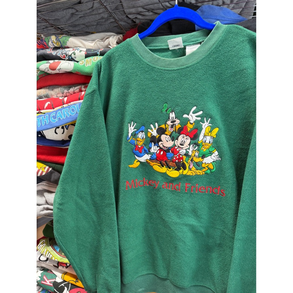 Vintage 90s Disney Mickey and Friends Fleece Sweatshirt Green Embroidered Mens S
